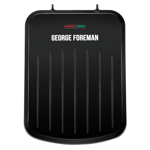 George Foreman Small Electric Fit Grill [Non stick, Healthy, Griddle, Toastie, Hot plate, Panini, BBQ, Energy saving, Vertical storage, Easy clean, Drip tray, Ready to cook light] Black, 760W 25800