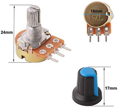 GTIWUNG 20Pcs B5K B10K B20K B50K B100K Ohm Knurled Shaft Linear Rotary Taper Potentiometer with Knob(WH148) Kit, Knob Linear Potentiometer 3 Terminal Rotary Potentiometer with Cap Nuts and Washer