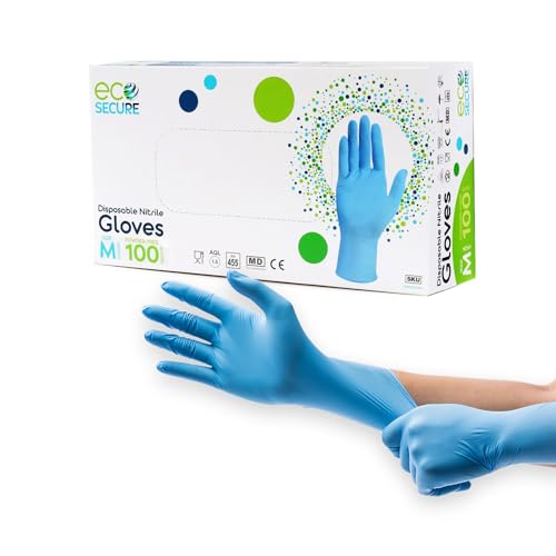 Ecosecure Multi-Purpose Nitrile 100 Disposable Gloves Medium - Powder Free, Latex Free & Non-Sterile - Food Approved, Medical & Industrial Protection - Box of 100