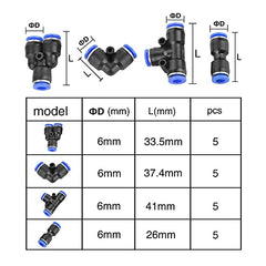 VooGenzek 20 PCS 6mm Pneumatic Push to Connect Fittings, 4 Shape Pneumatic Fittings Air Tool Push Fittings, for Quick Connection of air Piping Pneumatic Tools