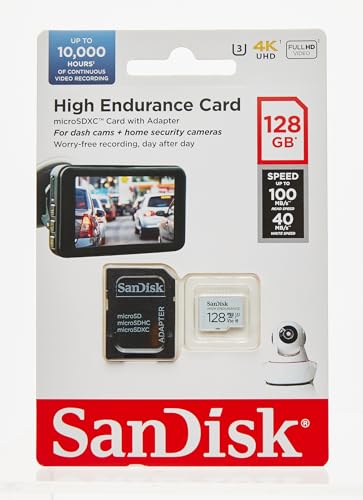 SanDisk 128GB High Endurance microSDXC card for IP cams & dash cams and SD adapter up to 10,000 Hours Full HD / 4K videos up to 100 MB/s UHS-I Class 10 U3 V30