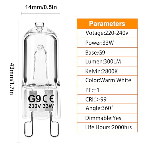 Jaenmsa G9 Halogen Light Bulbs 230V 33W 2700K Warm White G9 Dimmable Capsule Bulbs, Non-Flicker,12 Pack