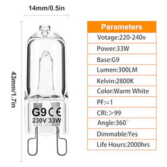 Jaenmsa G9 Halogen Light Bulbs 230V 33W 2700K Warm White G9 Dimmable Capsule Bulbs, Non-Flicker,12 Pack