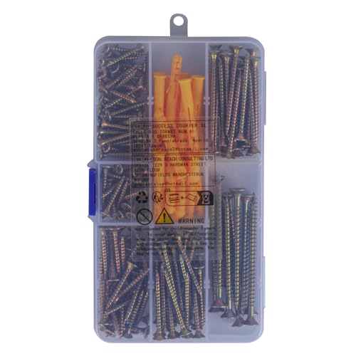 210 Pcs Wood Screws Assortment Set, Self Tapping Countersunk Head Screws, Self Drilling Cross Flat Head Brass Zinc Screws for Wood, with 20 Pcs M6 Screw Anchors