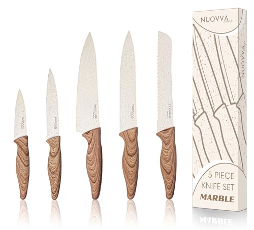 nuovva Professional Kitchen Knife Set – 5pcs Cream Granite Kitchen Knives – Stainless Steel Granite Non Stick Blades – Chefs, Filleting, Bread, Paring and Utility Knives