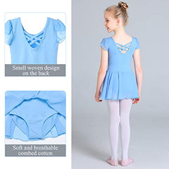 Monbessi Ballet Leotard for Girls Short Sleeve Cross Straps Ballet Dress Kids Cotton Ballet Outfit Gymnastics Leotard with Chiffon Skirt Suit for 2-11 Years (150 (140-150cm,9-11 Years), Blue)