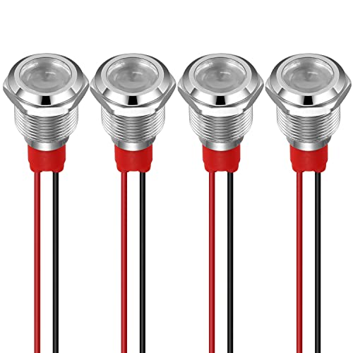 GUUZI 12mm LED Indicator Light 12-24V Waterproof Signal Light Metal Panel LED Indicator Signal Light Panel Mount Flat Head with Wires Silver Shell (White, 4Pcs)