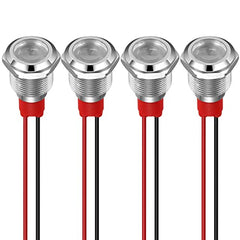 GUUZI 12mm LED Indicator Light 12-24V Waterproof Signal Light Metal Panel LED Indicator Signal Light Panel Mount Flat Head with Wires Silver Shell (White, 4Pcs)