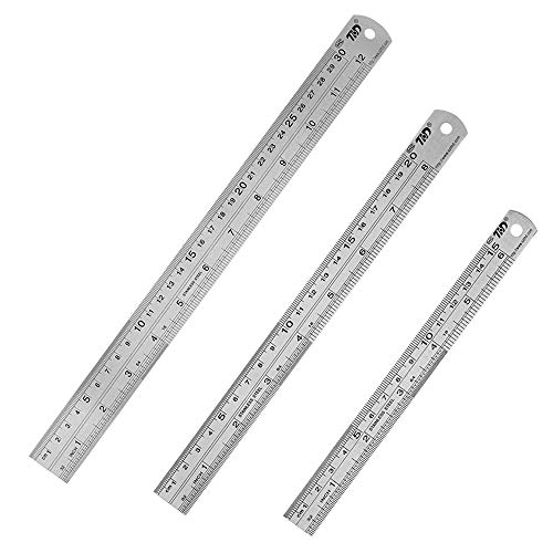 HIHUHEN Stainless Steel Ruler 15cmand20cmand30cm Office Ruler 3 Pieces Set Metal Rulers Kit for Engineering, Teaching (3 x Ruler)