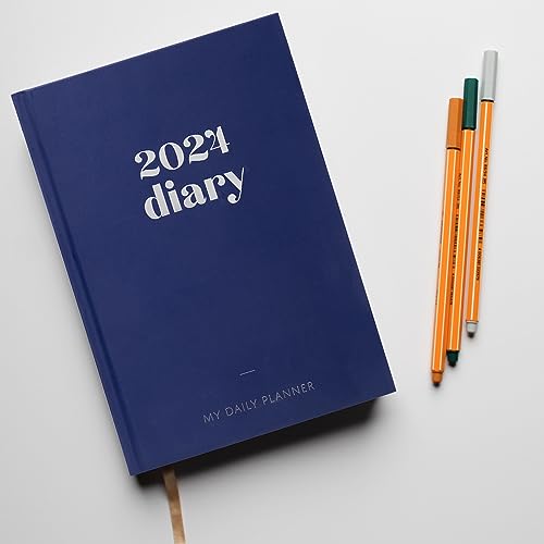 Invero 2024 Page A Day A5 Hardback Diary - Jan 2024 to Dec 2024 Planner Organizer Calendar with Hour Intervals & Worldwide Travel and Metric Information - Blue