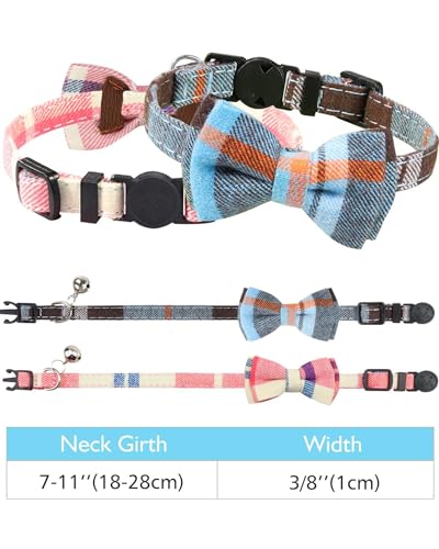 Joytale Cat Collar with Bell and Bow Tie, Quick Release Safety Collars for Kitten and Cats, Soft Tartan Collar, 2 Pack, Haze blueandPink