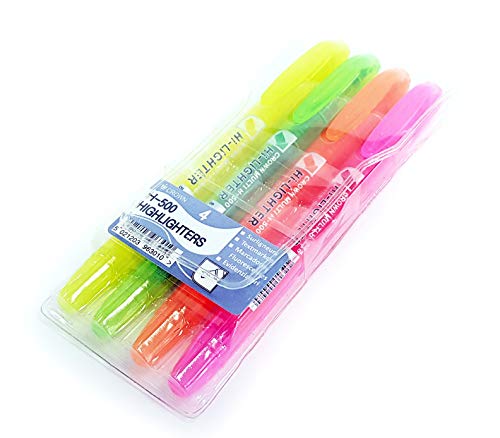 CROWN H-500 Highlighter Pens Chisel Tip Slim Highlighters - Wallet Of 4 - With Bright Fluorescent Ink - Yellow, Green, Pink And Orange