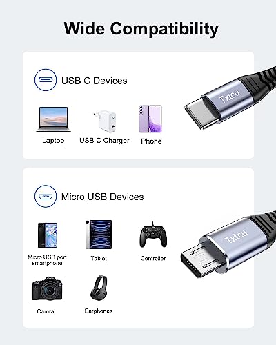 Txtcu USB C to Micro USB Cable 1M, USB Type C to Micro Cable Nylon Braided USB C to Micro Charger Cable Android Charging Cord Dast Sync Compatible for Samsung Galaxy S7/S5/J3/J5/J7,Huawei,HTC,LG.etc