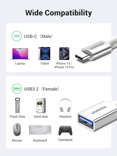 UGREEN 10Gbps USB C to USB Adaptor, Aluminum USB C Adapter OTG Cable Type C Male to USB 3.2 Female, Compatible with iPhone15/MacBook/iPad Air/Pro 2022 GalaxyS22 Dell XPS and more TypeC Devices(Silver)