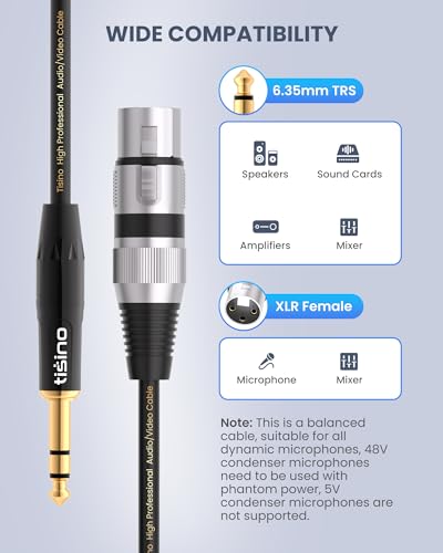 Tisino Female XLR to 1/4'' TRS Microphone Cable, 6.35mm Stereo Jack to 3-pin XLR Female Balanced Interconnect Micphone Cable for Speaker - 1m/3 FT