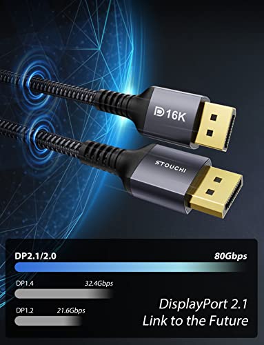 Stouchi DisplayPort Cable 2.1 DP2.1 Cable [16K@60Hz, 10K@60Hz, 8K@120Hz, 4K@240Hz 165Hz 144Hz] Support 80Gbps HDR HDCP 2.2 DSC 1.2a FreeSync G-Sync Display Port 2.1 Cord for Gaming Monitor-2M/6.6Ft