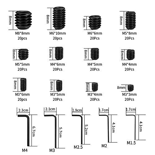 240 Grub Screws Set, Cup Point Hex Head Screw Set, Metric M3/M4/M5/M6/M8 Hex Socket Screw Assortment Kit with Allen Key Wrench(M1.5/M2/M2.5/M3/M4) for Door Handles, Faucet (B-black)