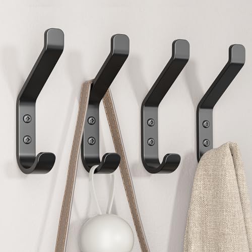 Aluminum Coat Hooks for Hanging - 10KG (Max) Wall Hook with Screw, Heavy Duty Holder for Coat, Towel, Backpack, Sturdy Metal Hanger for Bathroom, Bedroom, Door, Wall Mounted, 4-Pack, Matt Black