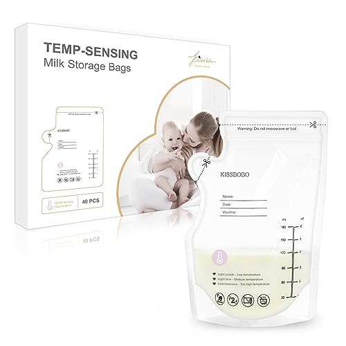 Breast Milk Storage Bag, 40PCS Milk Storage Bags Breastfeeding 180ML w/Pour Spout for Freezer, Milk Catchers w/Temperature Sensing Feature, Ready-to-Use,Self-Standing, BPA Free