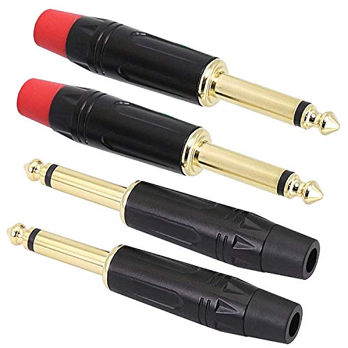 XMSJSIY 6.35 mm TS Audio Plug, 1/4 inch Mono Male Connector, Gold-Plated 6.3 TS Mic Plug for Guitar/Speaker/Microphone Cable etc (4 Pack)