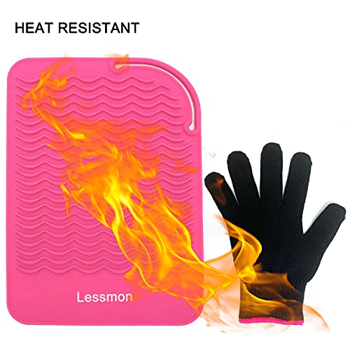 Flat Iron Travel Mat, Curling Iron Counter Protector with Heat Resistant Glove for Curling Irons, Hair Straightener, Flat Irons and Hair Styling Tools, 9” x 6.5”, Pink by Lessmon