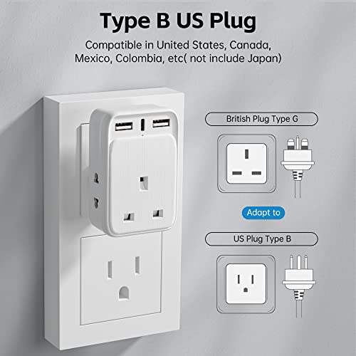 UK to US Plug Adapter, 6 IN 1 USA Travel Adapter with 2 USB-A Ports & 1 USB-C Ports(5V/3.4A) and 2 Shaver Plug Adaptor UK for Shaver/Toothbrush, US Plug Adapter for Thailand Mexico Colombia(Type B)