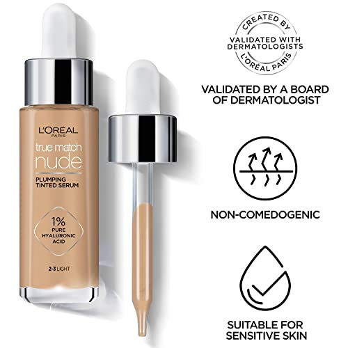 L'Oreal Paris True Match Nude Plumping Tinted Serum, 1% Hyaluronic Acid, Instantly Evens, Brightens, and Hydrates Skin, Shade 10-12, Very Deep