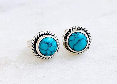 Turquoise Stone Stud Post Earrings, 925 Sterling Silver Gemstone Earring 6 MM Round Girl Women Gift