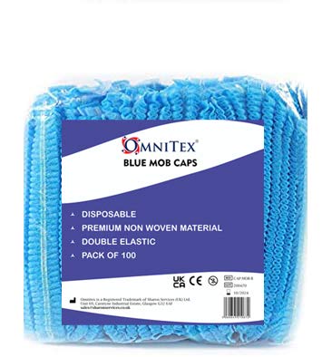 100x Omnitex Premium Blue Mob Caps - Non Woven Hygiene Hair Nets Covers, Disposable Clip Caps with Double Elastic (1x Pack of 100)