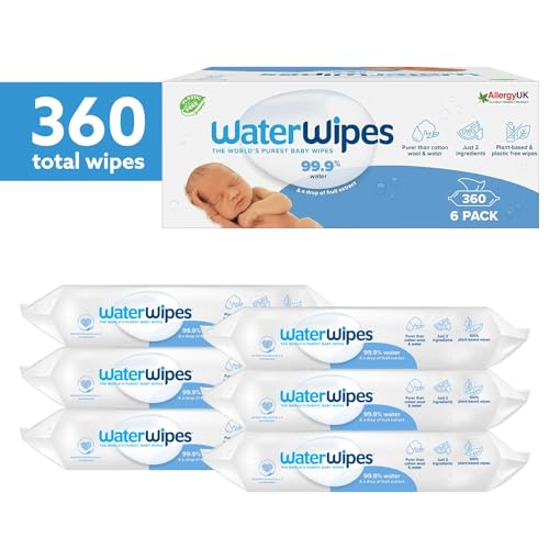 WaterWipes Plastic-Free Original Baby Wipes, 360 Count (6 packs), 99.9% Water Based Wipes, Unscented for Sensitive Skin