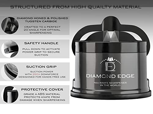 Diamond Edge No.1 Knife Sharpener in The World - Lifetime Use for Any Knife from Chef's, Utility to Steel Pocket Knives - Professional Safe Manual Sharpening Tool, Midnight Black
