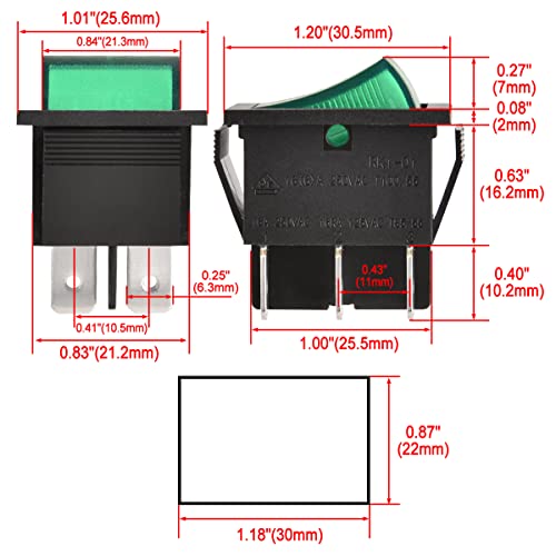 Heschen Rocker Switch ON-OFF DPDT 6 Terminals Green Light Illuminated 16A 250VAC 2Pack