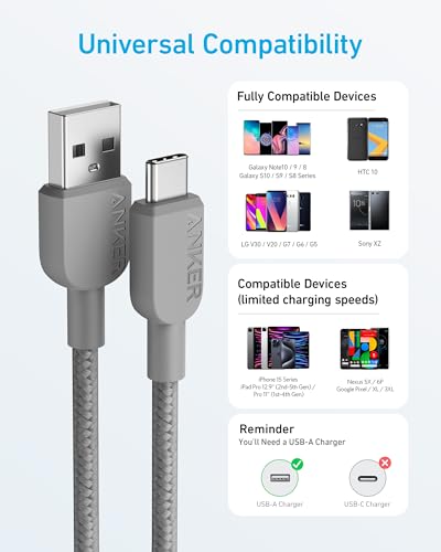 Anker USB-A to USB-C Cable (3 ft, Braided) Silver 2Pack