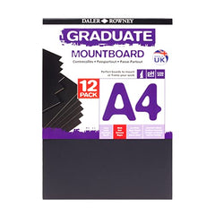 Daler-Rowney Graduate Cream Core A4 Mountboard Pack, 12 x Black Smooth Surface, 1.25 mm Thick, Ideal for Student Artists