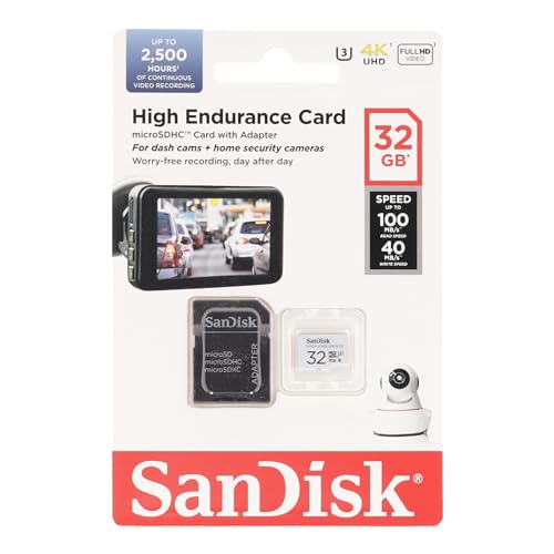 SanDisk HIGH ENDURANCE Video Monitoring for Dashcams & Home Monitoring 32 GB microSDHC Memory Card and SD Adaptor, Up to 100 MB/s read and 40 MB/s Write, Class 10, U3, V30, White