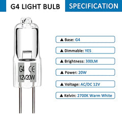 G4 Halogen Bulbs 20W 12V, G4 Dimmable Halogen Light Bulbs Warm White 2700K, 2 Pin G4 Halogen Light Bulb Clear Capsule Lamp Bulbs for Cooking Lighting, Crystal Chandeliers, Track Lighting, Pack of 10