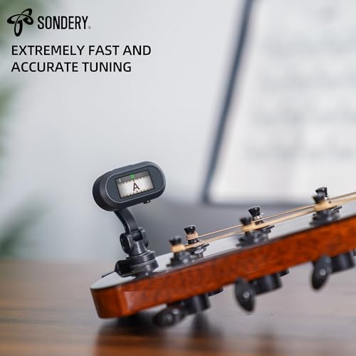 Sondery Clip On Tuner Rechargeable TFT Screen for Guitar Bass Ukulele and Wind Instruments, Headstock Chromatic Tuner Calibration 410-460Hz, Easy to Read in Strong Lights, Dual Rotatable Clip Design