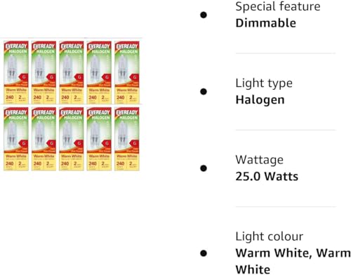 10 x G9 Halogen Light Bulbs 25w EVEREADY Clear, Warm White