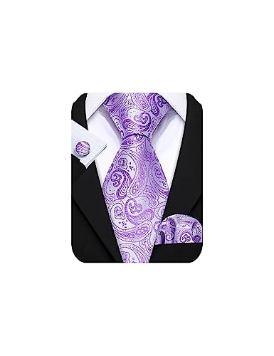 Barry.Wang Man Solid Tie Set Silk Paisley Light Purple Necktie Pocket Square Cuff Links Business