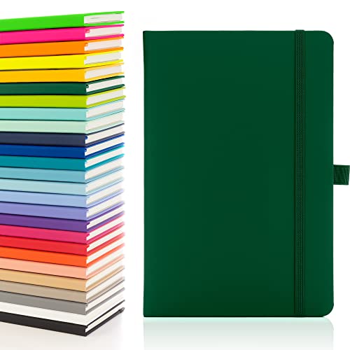 Notes London Eco A5 Notebook with Lined Pages, Pen Loop, Ribbon, Date Marks and Paper Pocket, Medium Hardback Journal, Note, sustainably sourced paper (Green)