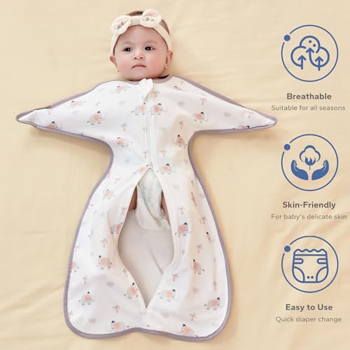 ZIGJOY Shark-Fin Transition Swaddle - 1.0 Tog 100% Cotton Baby Sleeping Bag Swaddle Blanket with 2-Way Zipper Breathable Newborn Sleep Sack for Easy Nappy Changes, Pink Elephant, 6-9 Months