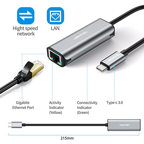 USB C to Ethernet Adapter, TECKNET Type C Thunderbolt 3 RJ45 1000 Gigabit Ethernet LAN Network Adapter, Portable Ethernet to USB C for MacBook Pro 2020/2019/2018, MacBook Air, Dell XPS and More