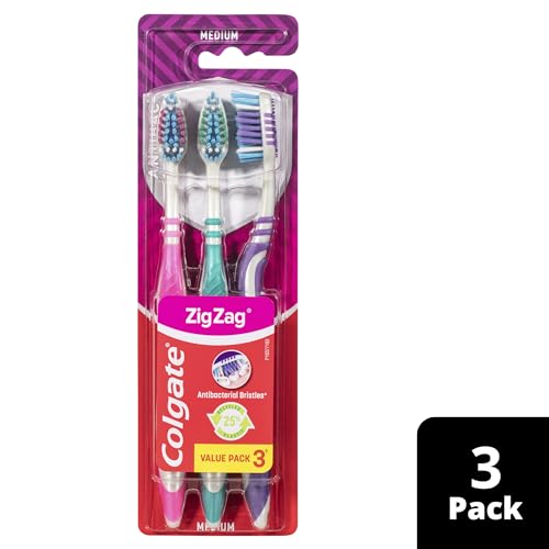 Colgate Zig Zag Medium Toothbrush Pack of 3, Multi Angle Cross Bristles with Flexible Neck for Gum Comfort, 3 Count (Pack of 1).