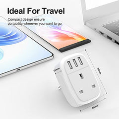 UK to European Adapter Plug with 3 USB Ports, EU Schuko Travel Euro Europe Grounded Charger for Germany France Spain Turkey Russia Iceland Greece Poland Portugal Austria Netherlands(Type E/F)