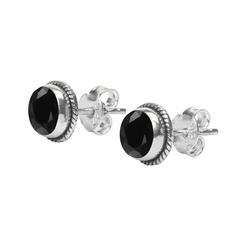 Black Tourmaline Stone Stud Post Earrings, 925 Sterling Silver Gemstone Earring 6 MM Round Girl Women Gift