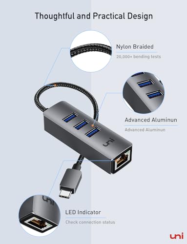 uni USB C Ethernet Adapter, USB C HUB Ethernet 1Gbps with USB 3.0 [Driver Free, Aluminum] for MacBook Pro, Chromebook, XPS, iPad, iMac, Galaxy, iPhone 15pro/max, and Hard Drive Keyboard Mouse, etc