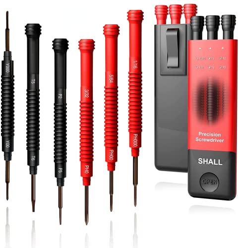 SHALL 6-Piece Precision Screwdriver Set with Case, 12-Size Magnetic Mini Screwdrivers, DIY Repair Tools Kit for Laptop, Glasses, Watch, Electronics (Double-end Phillips/Slotted/Torx/Pentalobe/Triwing)