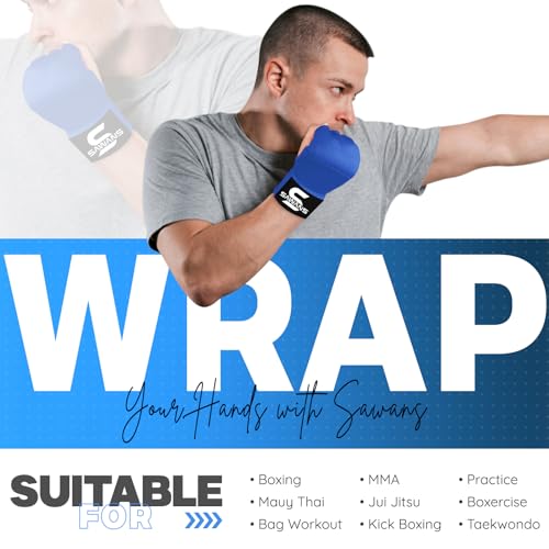 SAWANS Boxing Hand Wraps Inner Gloves for Hand Protection Long Wrist Straps Elasticated, Padded Martial Arts Combat Gloves Punching Bag Training Gel Mitts Muay Thai MMA (L/XL, Blue)