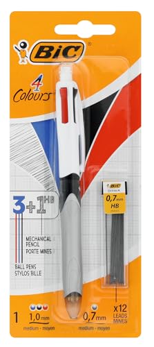 BIC 4 Colours Pen and Pencil Combo, 3 Ballpoint Pens Medium 1.0mm Blue, Black, Red, 1 Mechanical Pencil, 12 Leads Medium 0.7mm, 1 Per Pack, 1 Pack