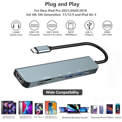 Avigers USB C Hub, 7-in-1 USB C to HDMI Adapter with 4K HDMI, 100W PD, USB 3.0, USB 2.0, USB-C Data Ports, SD&TF Card Reader, Type-C Multi Adapter for MacBook Air/Pro,iPad Pro,Huawei,Dell,Samsung etc